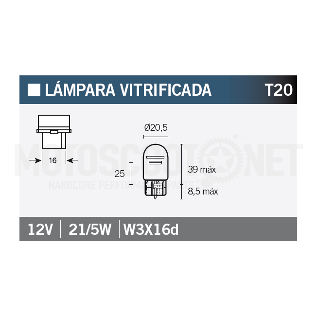 Bombilla T/20 12V 21/5W W3X16d Vparts